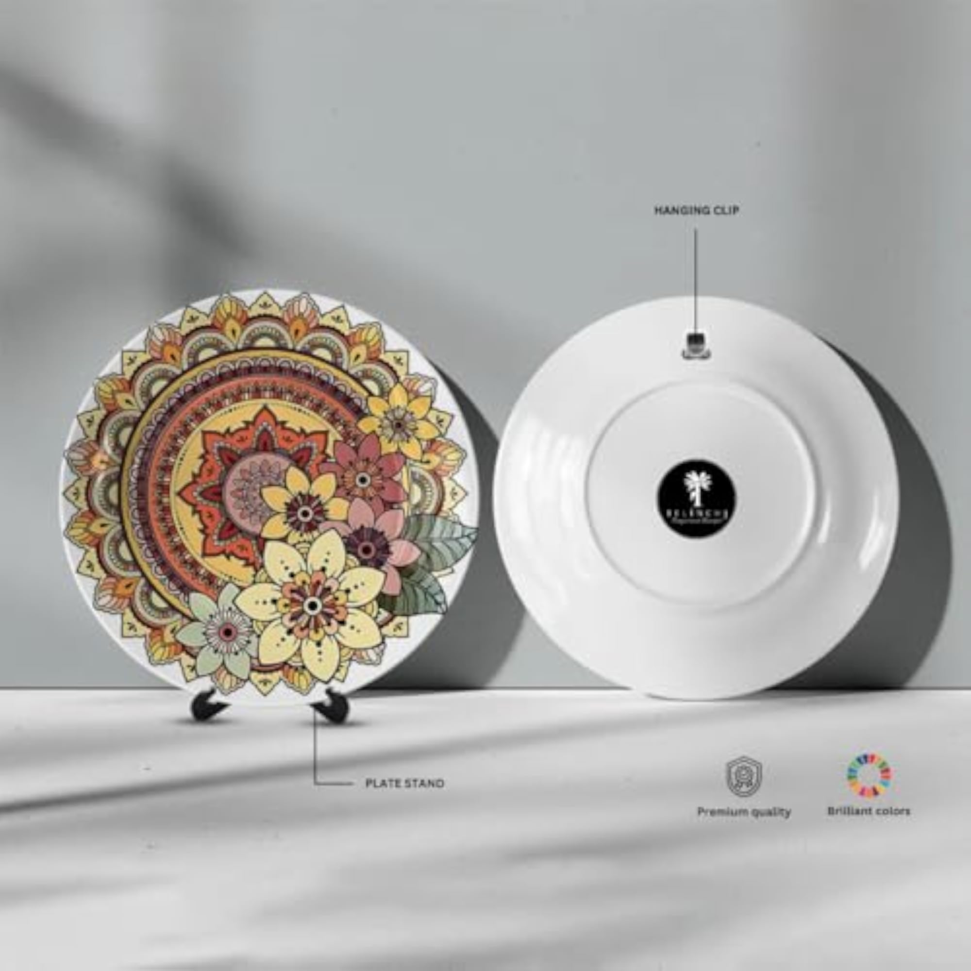 Floral Mandala Ceramic Wall Art Plate, Boho Flower Pattern Decorative Plate